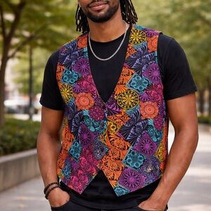 Spenser Jeramy Black Vest with Multicolor Trim Size Medium